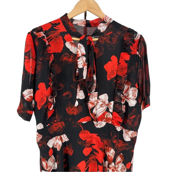 Red Black Floral Short Sleeve Tie Neck Maxi Dress size 14 NWT - Picture 3 of 11